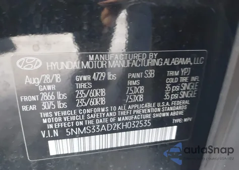 2019 Hyundai Santa Fe Sel Plus z USA, uszkodzony, nr VIN 5NMS33AD2KH032535